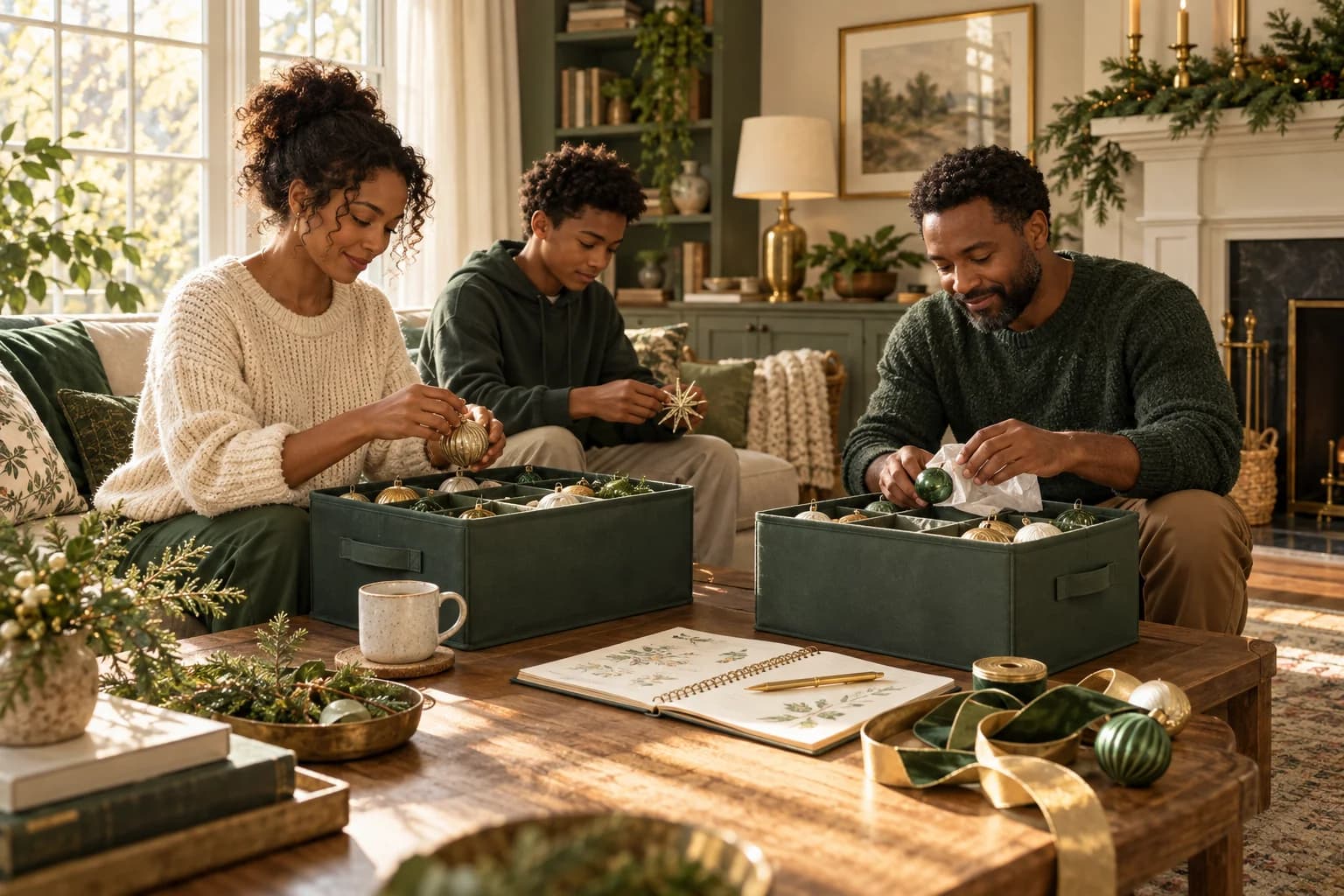 AI-generated editorial image: A Black family sharing the work of packing holiday decorations into reusable storage boxes.