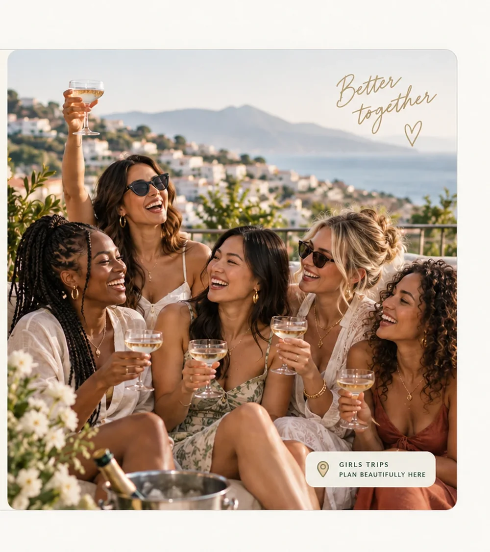 A diverse group of women celebrating together during a bachelorette weekend getaway